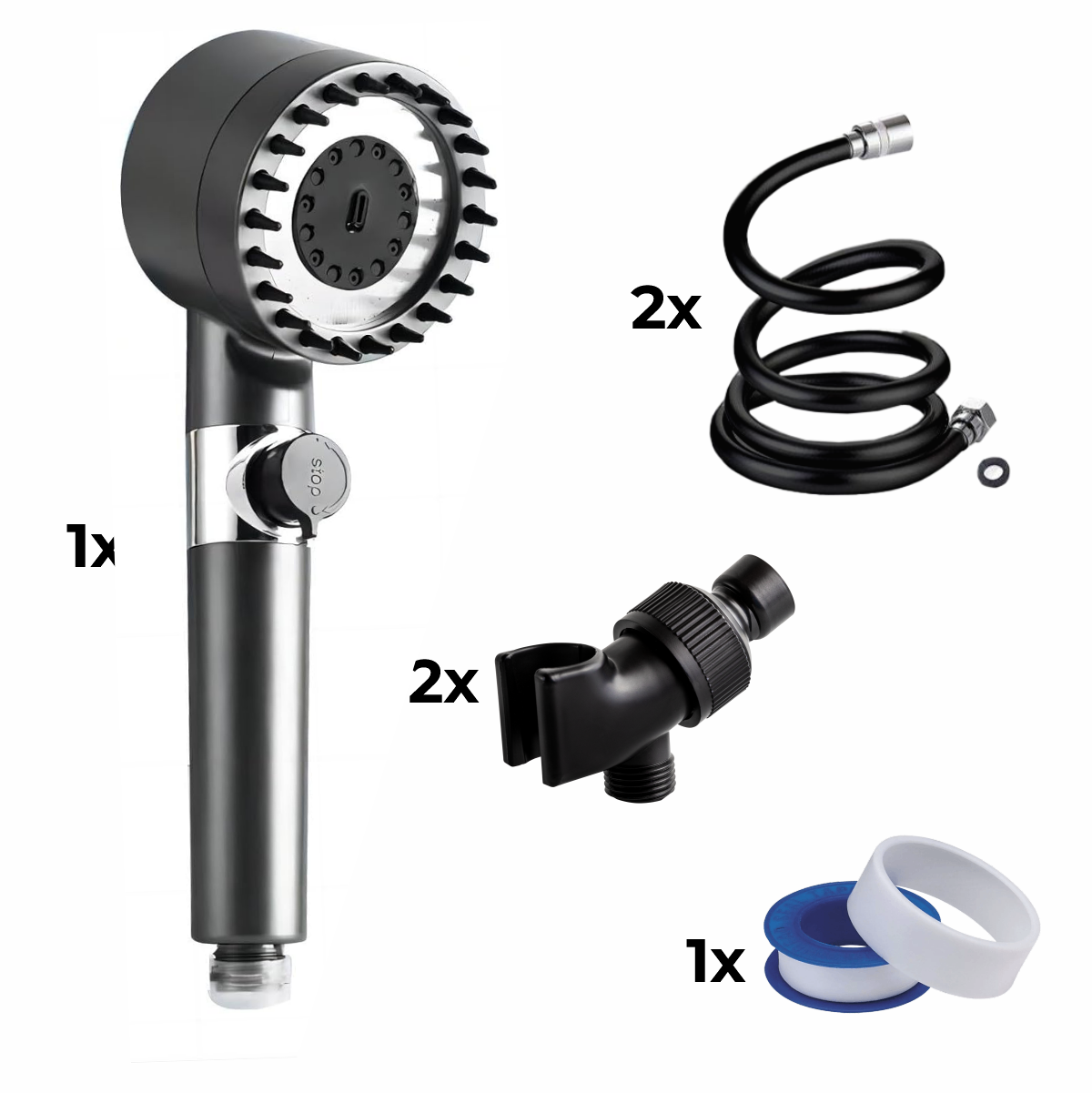 Zuhanyfej + 2x tömlő + 2x adapter + teflon szalag