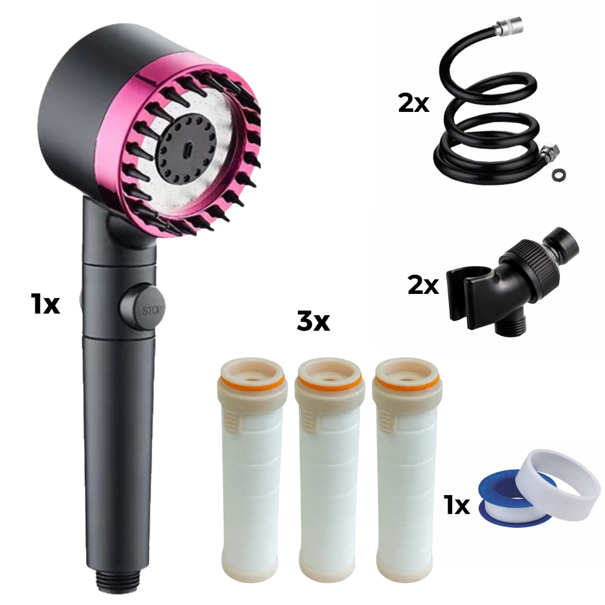 Zuhanyfej + 2x tömlő + 2x adapter + 3x szűrő + teflon szalag