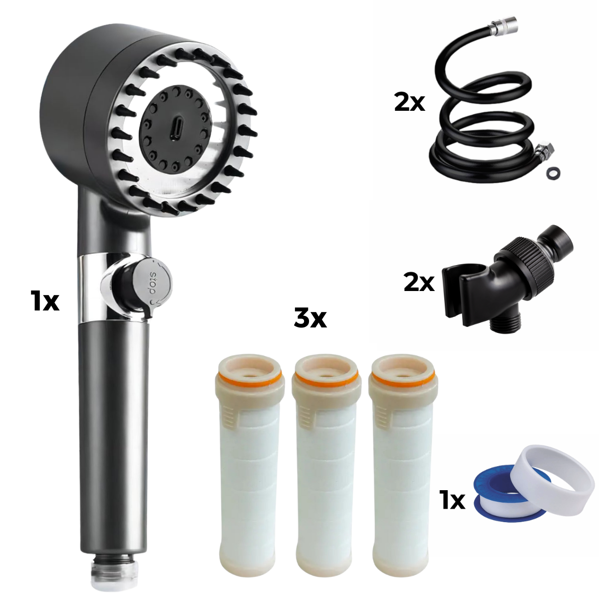 Zuhanyfej + 2x tömlő + 2x adapter + 3x szűrő + teflon szalag