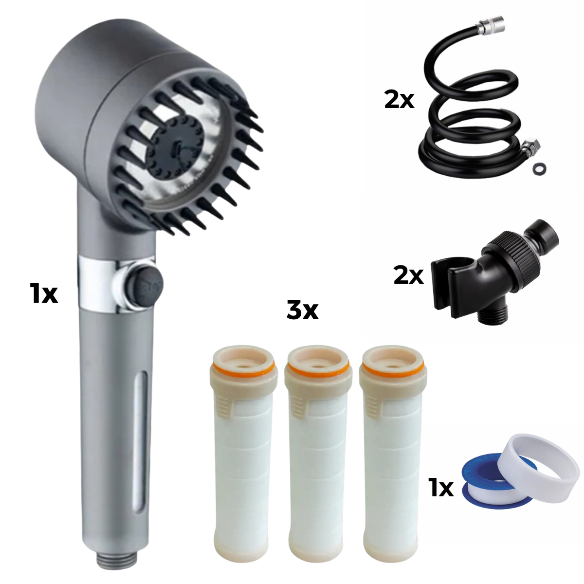 Zuhanyfej + 2x tömlő + 2x adapter + 3x szűrő + teflon szalag